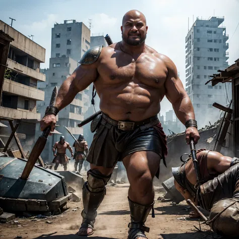 looking at us, shoot from front, face focus, Bandit, Fat ferocious barbarian:2, This barbarian is a robust stocky Japanese, smirking, mid combat, intense battle scene, leather and iron armor, armored short skirt, holding a Viking War Axes, legs exposed fro...