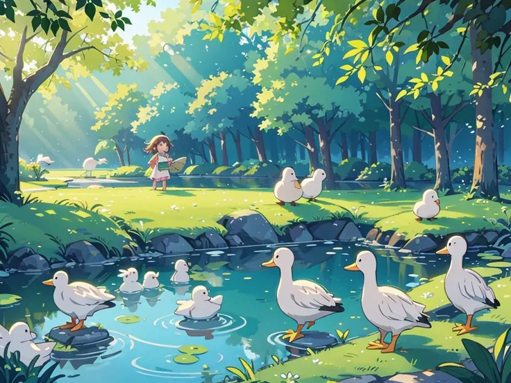 Park in the morning、A girl looks after a flock of spot-billed ducks in a pond、Smile、Sunlight shines through the leaves、Synchrotron Radiation、Shot from the side