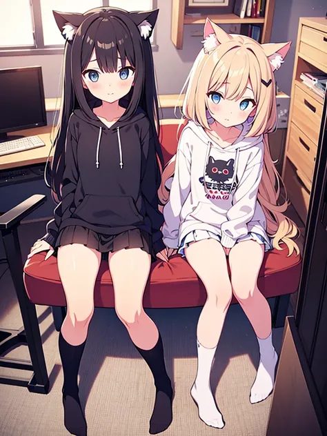 Girl long black hair blue eyes blush on face in PC gaming room Short pleated skirt long stockings cat hoodie great quality 8k very detailed image perfect anatomy full body nsfw