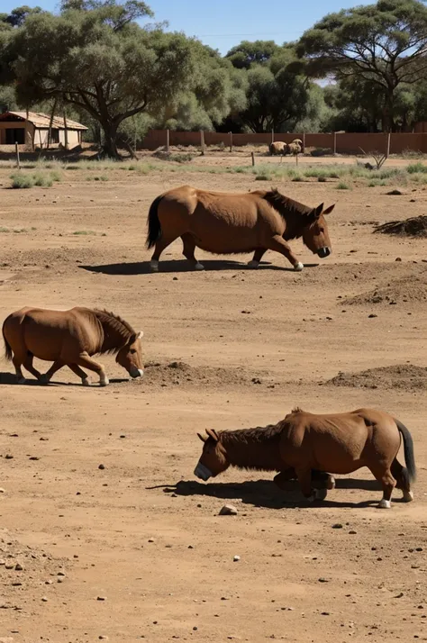 Un granjero terminando de arar la tierra y de fondo su casa y un corral de animales