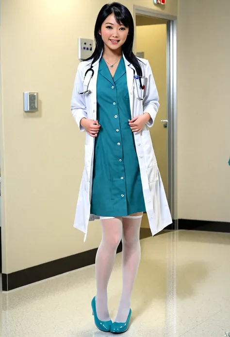 smiling stunning beautiful slim japanese girl, wearing (white labcoat, teal shirtdress, white stockings), black hair, (clean mod...