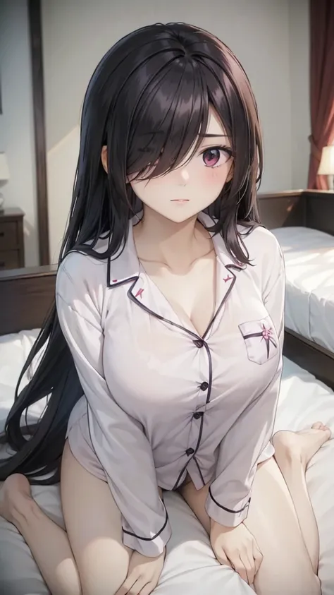 1girl, mature women,perfect ,black hair, long hair, (hair over one eye:1.4), messy hair, hair between eyes,plump chubby ,saggy breast, flower motif pajama, innocent shy blush on , bedroom 