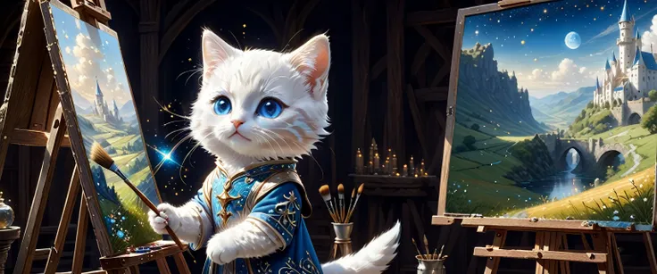 C4tt4stic, the setting is medieval Europe, the surroundings are a fantastic space surrounded by light particles, glittering and shining, wearing luxurious robes, illustration of a small and cute creature, anthropomorphized blue eyes, white fur kitten, stan...