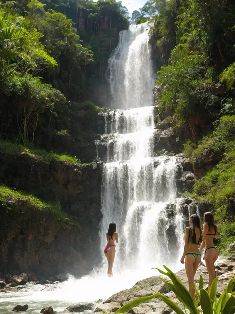 Women in bikinis at a waterfall in Minas Gerais Brazil