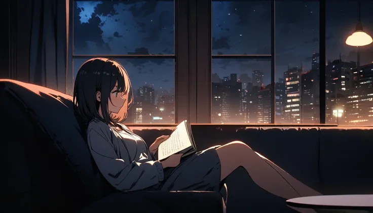 Girl sitting on sofa reading a book,In front of a large window,Night view,Streetscape