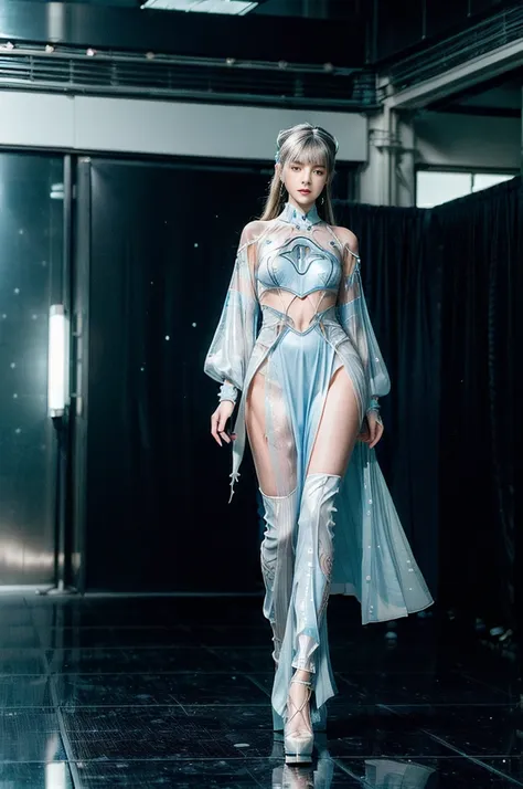 (Future World Fashion Show: 1.5)，(Future sci-fi beauty model catwalk: 1.5), Smiling female model，Elegant and dignified posture，Wearing a blue dress，Blue fluorescence，Starry sky pattern，The secrets of the universe，Future distribution，Silvery white glow，Soft...