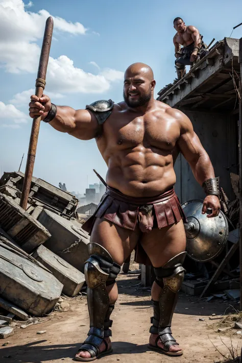 looking at us, shoot from front, face focus, Bandit, Fat ferocious barbarian:2, This barbarian is a robust stocky Japanese, smirking, mid combat, intense battle scene, leather and iron armor, armored short skirt, holding a Viking War Axes, legs exposed fro...