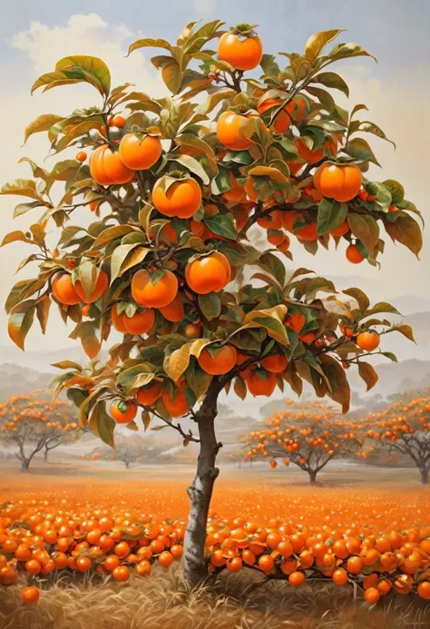 A persimmon tree in the field in the painting, There are orange persimmons on the branch，Orange theme, orange plants, orange tint, Orange theme, orange tint, Orange, vibrant but dreary orange
