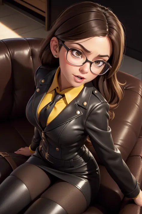 obra prima, melhor qualidade, (lauren boebert 55yo) snarl expression, open mouth, brown medium length hair, black plastic glasses, pilot outfit, business blouse, necktie, (shiny bright yellow leather,) studs zippers fringe, shiny leather gloves, body is sk...