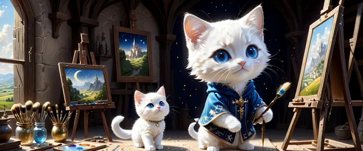 C4tt4stic, the setting is medieval Europe, the surroundings are a fantastic space surrounded by light particles, glittering and shining, wearing luxurious robes, illustration of a small and cute creature, anthropomorphized blue eyes, white fur kitten, stan...