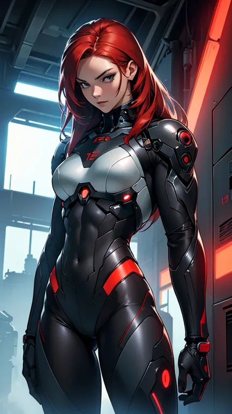 Beautiful cybernetic girl detailed muscles realistic masterpieces full figure pose (best quality,ultra-detailed), red hair, fair skin, fit body, slim figure, narrow waist, large buttocks, (cocky expression), wearing a full black cybernetic mobile battle su...