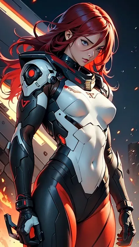 Beautiful cybernetic girl detailed muscles realistic masterpieces full figure pose (best quality,ultra-detailed), red hair, fair skin, fit body, slim figure, narrow waist, large buttocks, (cocky expression), wearing a full black cybernetic mobile battle su...