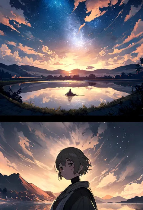 High quality masterpiece, landscape, cloud, Animated train passing over a body of water on distant tracks, Bright starry sky. Traveler, Romantic Light, Pixiv, Concept Art, Lofi Art Style, reflection. Makoto Shinkai, Roffie Art, Beautiful anime scene, アニメのl...