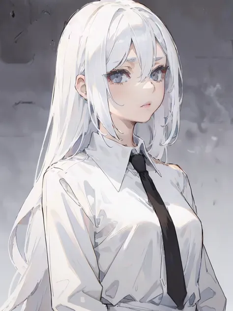 white hair,white eyelashes,white eyes,looking at the camera,a simple black long shirt,realistic clothing drawing,drawing range i...