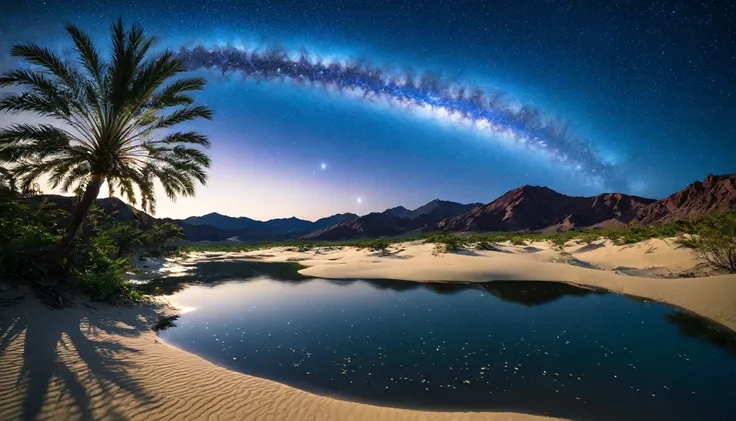 desert, oasis, lake, water surface, water surface反射, Palm tree, Sand Dunes, Rocky Mountain, star空, Night Sky, milky way, milky way, star, 満天のstar空, star座, 北斗七star, 南十字star, 流れstar, 流star群, 人工衛star, green, ultramarine, green, Jet Black, Before Dawn, Blue Ho...