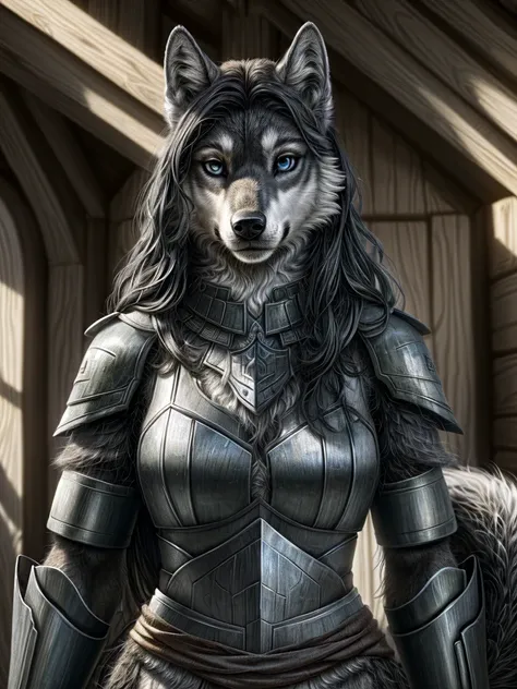 uploaded to e621, ((masterpiece, best quality),altair, furry, furry female, timber wolf, 1girl, blue eyes, animal_ears, lupine, wolf, full view, detailed fur skin, grey eyebrows, grey upper face, grey cheeks, white lower face, medieval outfit, steel breast...