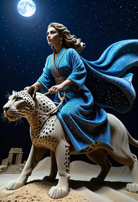 Sand sculpture style,  Ultra-clear details，Spectacular sights，A huge crystal leopard gallops towards，Beautiful girl riding on his back，Wearing a colorful robe，Gallant，Leopard eyes flash mysterious blue light，The background is set under the deep starry sky，...