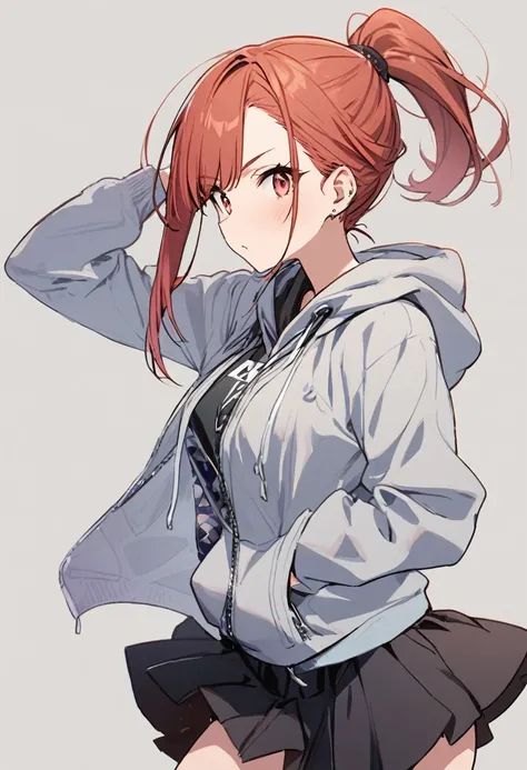 1 girl, stylish, ponytail, hoodie, skirt