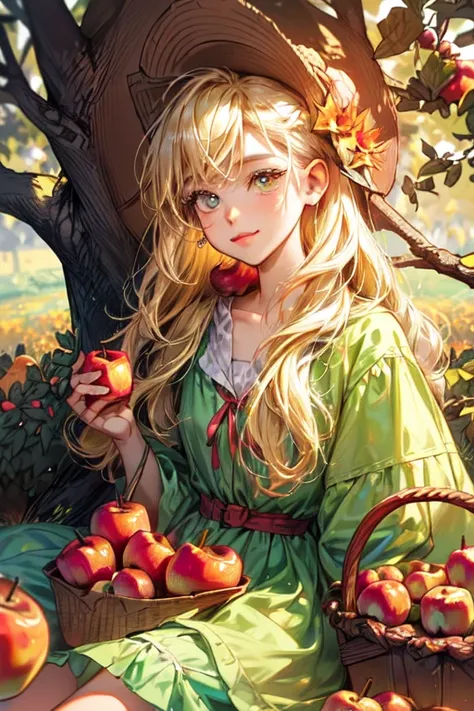 absurdity, a high resolution, ultra detailed, 1 Applejack girl, One, extremely detailed eyes, ((Autumn vibe)), Autumn, Apple trees, hair ornament,((blonde hair)), JEWELRY, I look at the viewer, ((Upper body)), ((sitting in the apple orchard)), ((I keep app...