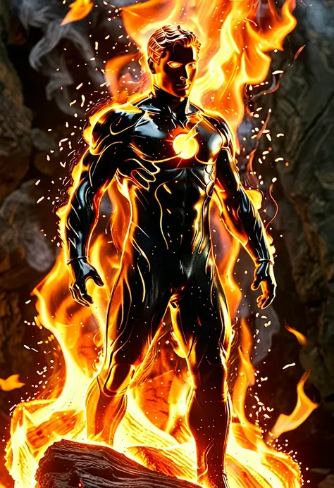 Human Torch engulfed in flames, Johnny Storm, cinematic photo, fire element, composed of fire elements hrglw, highly detailed, (fire element:1.1),composed of fire elements,(1man:1.3),burning,transparency,fire,(molten rock),flame skin,flame print, hair of f...