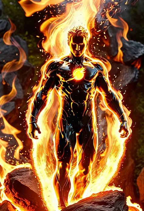 Human Torch engulfed in flames, Johnny Storm, cinematic photo, fire element, composed of fire elements hrglw, highly detailed, (fire element:1.1),composed of fire elements,(1man:1.3),burning,transparency,fire,(molten rock),flame skin,flame print, hair of f...