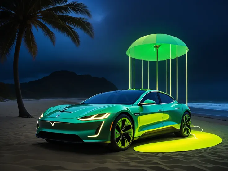 Electric car paper art , (William Winter (William Wendt) Artworks:1.3) , concept art, Fluorescent Space, Strange (Womens majors:1.3) , Braided hair, foggy conditions, Overly detailed art, evil, Hippie Punk, dark tones, "Footprints on the Beach of Wisdom, T...