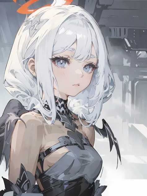 White Hair,White eyelashes,White Eyes,looking at the camera,A simple black long shirt,Realistic clothing drawing,Drawing range is from the waist up,An ennui look,Gazing somewhere far away,Fleeting atmosphere,Her hair is long and straight.,Smoke is shining,...