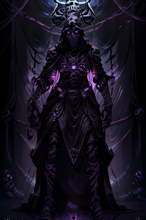 (full body:1.4).skeleton with purple lights in eye sockets.(realistic illustration:1.3),((dark fantasy:1.4)).((male:1.4)) ((blac...