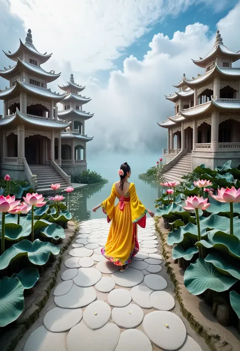 strolling in wonderland：beautiful woman steps on the clouds，wearing colorful feathered clothes，holding a lotus lantern，looks as ...