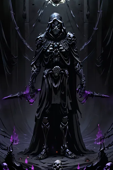 (full body:1.4).skeleton with purple lights in eye sockets.(realistic illustration:1.3),((dark fantasy:1.4)).((male:1.4)) ((blac...