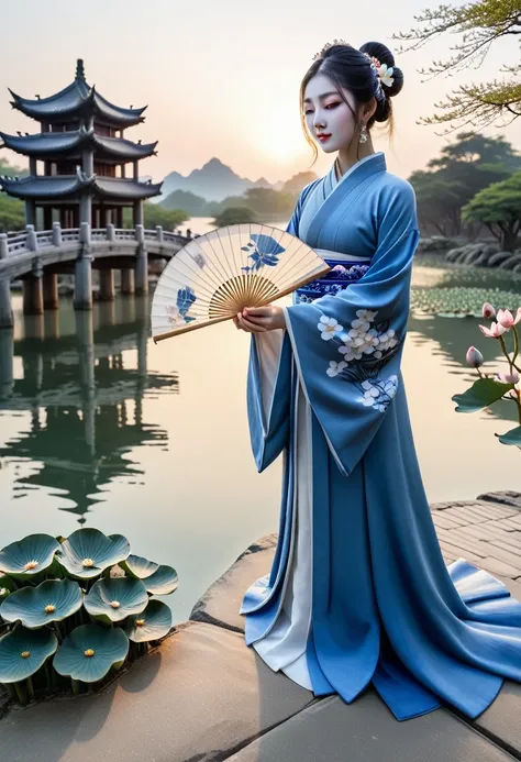 portrait，ultra-clear details，the surface of the lake ripples：lakeside beauty，a hanfu with blue and white porcelain pattern，holdi...