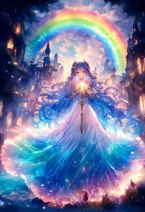 Girl casting a mysterious glowing spell, ((Fantasy rainbow ocean)), Vibrant colors, Ethereal Lights, Detailed speech bubbles, magical atmosphere, Stunning scenery, Dreamy atmosphere, sparkling, Flowing robe, a touch of magic, Ethereal creatures, ((Sparklin...