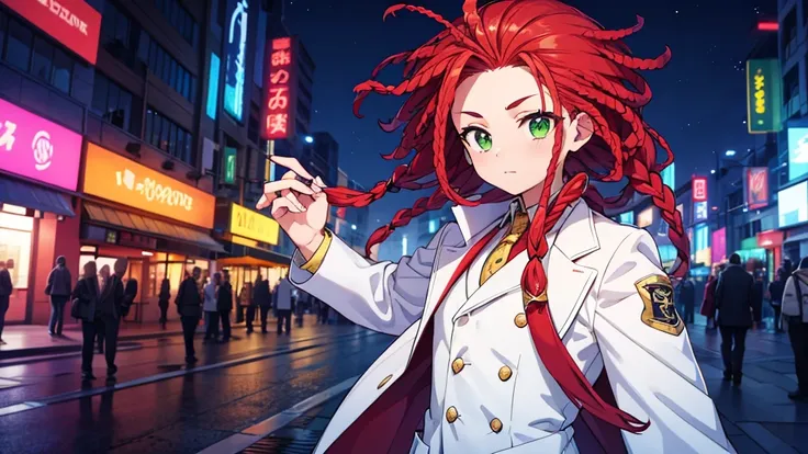 character boy, red short dreadlocks hair, light green eye, wearing white suit, night city, high res, ultarsharp, 8k, masterpiece...