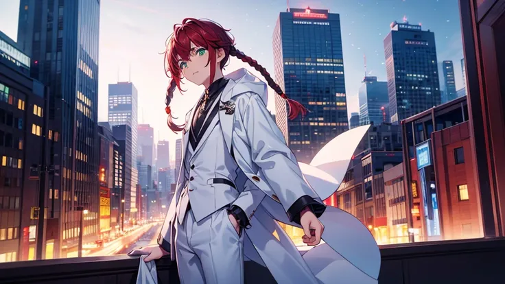 character boy, short dreadlocks hair, half black red hair color, light green eye, wearing white suit, night city, high res, ulta...