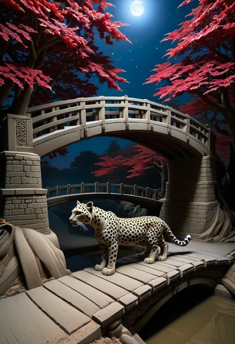 sand sculpture style,  ultra-clear details，spectacular sights，maple bridge night park：on the ancient bridge，a leopard，poetry scr...