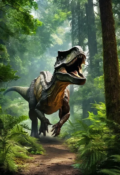 photographic works，movie quality，ancient dinosaur walking through the forest