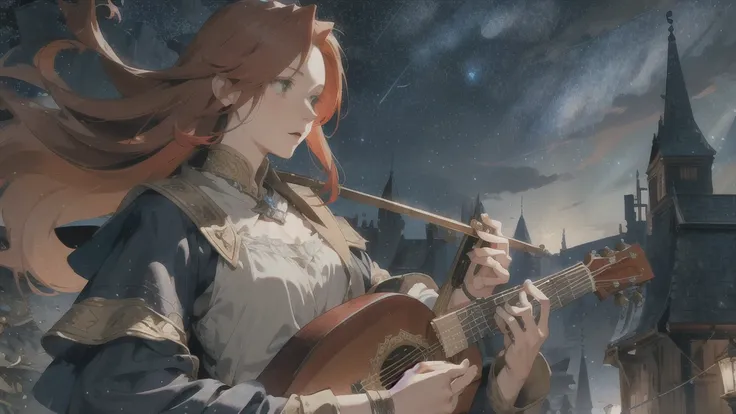 layered textures,middle ages,fantasy,female bard,redhead,long hair,playing acoustic guitar,night,starry sky