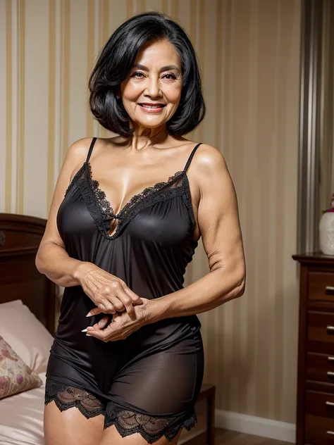 mature old woman 80 years with black hair, plus size, old face and body with many wrinkles, loose skin, smiling standing at bedr...