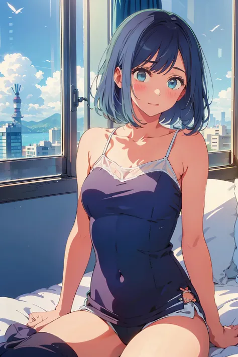 highest quality,8k,detailed,F cup bust、Very cute face、Beautiful thighs、Best Beautiful Legs、Slim and beautiful arms、Slim body、White skin、((((1 person、camisole、Sunlight on the body、On the bed、Lying in bed、looking at the camera、smile、smile、Tokyo buildings in ...