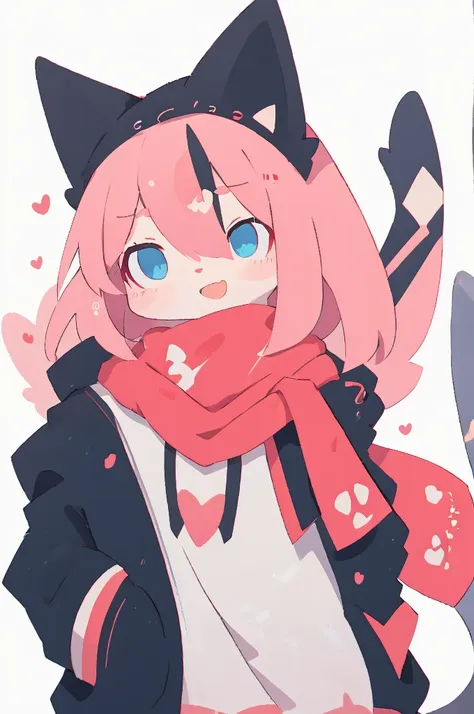 blank background，pink hair、blue eyes、anime character wearing a pink scarf, high quality anime art style, [[[[smile evilly]]]], s...