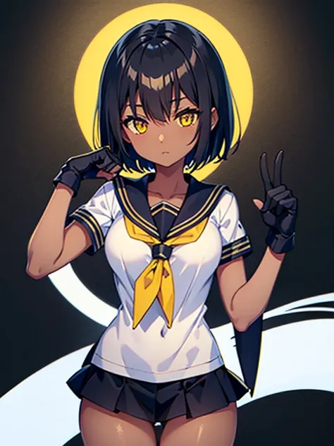 dark skin, short hair, yellow eyes, black hair, white blue sailor, sailor red tie, beautiful girl, thin, black MMA glove