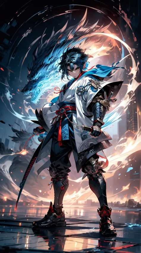 detailed eyes, detailed eye, detailed face, ultra high definition, retina, precise, anatomically correct, textured Skin, Blue hair, handsome, samurai, (( cool background)), katana, ( blue haired samurai boy ) (( full body ))