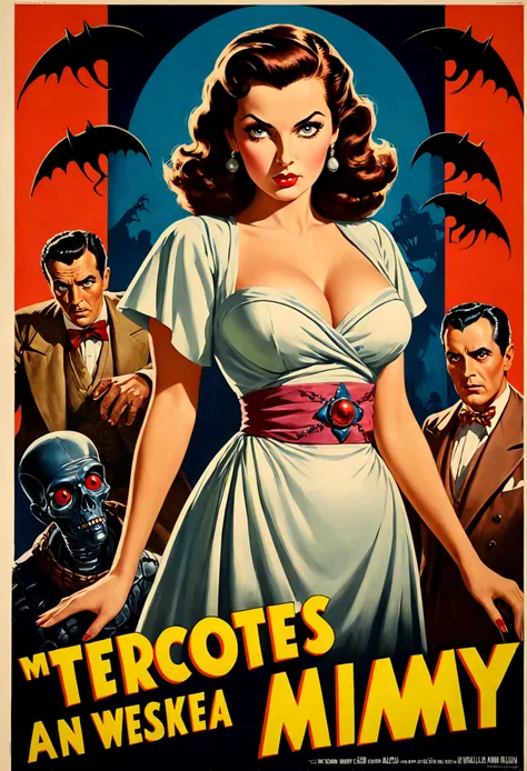 A 40s style movie poster, a buxom belle with a colorful retro outfit is recoiled in terror as The Mummy, Dracula, and an Alien Robot close in on her, dramatic shadows, overly dramatic
