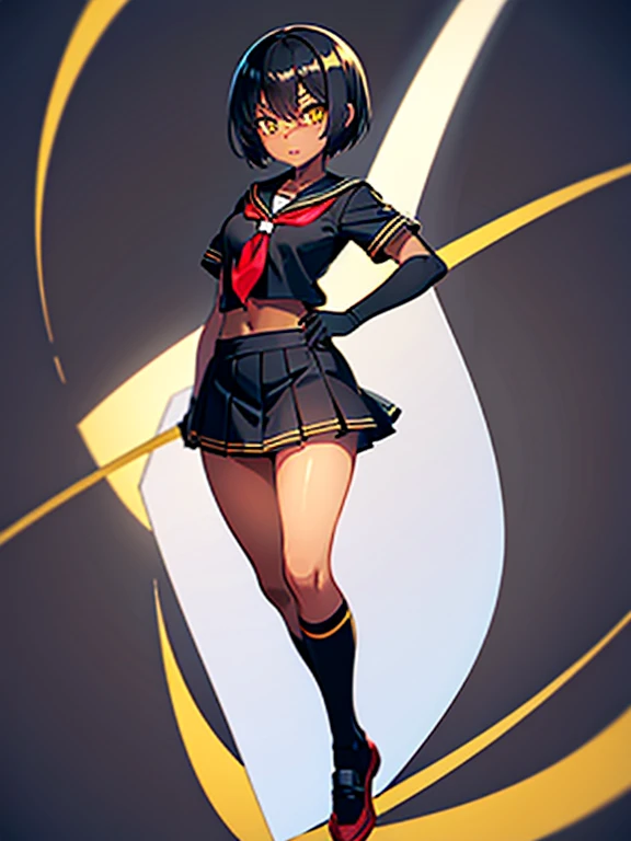 dark skin, short hair, yellow eyes, black hair, white sailor uniform, red tie sailor uniform, beautiful girl, thin, black MMA glove, full body, white background