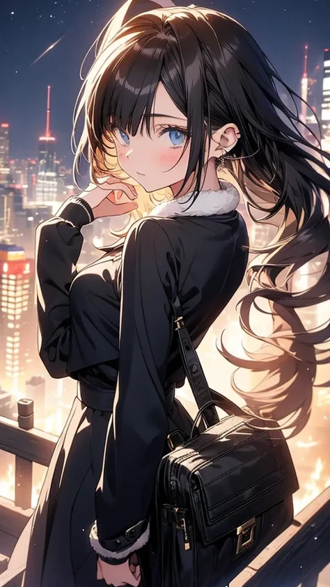 With anime style illustrations A teenage girl stood with her back turned. Surrounded by a city, blue eyes, shoulder length brown hair flowing beautifully. Wearing a black suit, in good shape