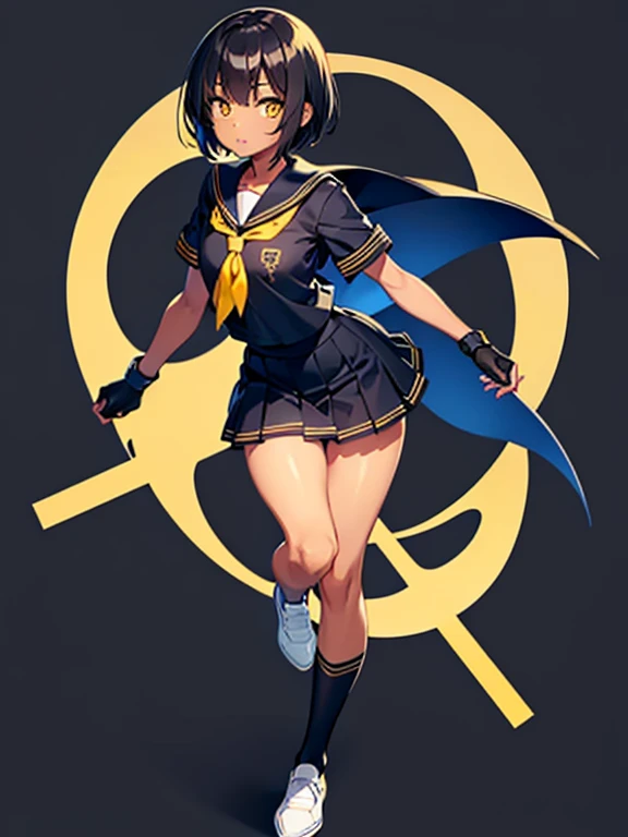 dark skin, short hair, yellow eyes, black hair, white and blue sailor uniform, red tie sailor uniform, beautiful girl, thin, black MMA glove, full body, white background