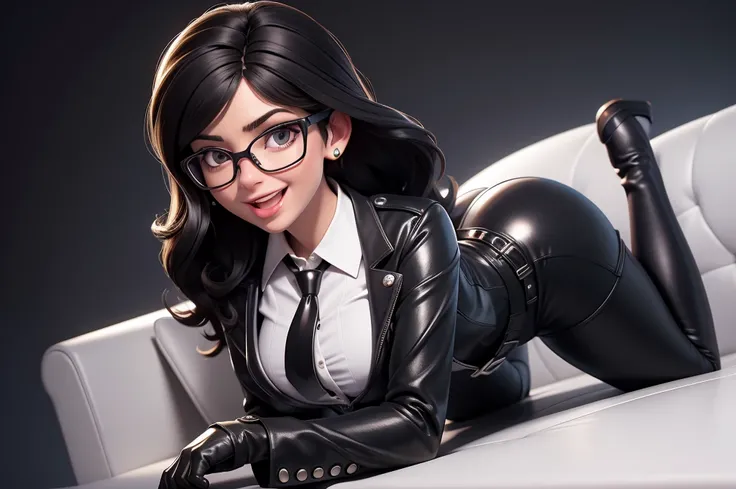 obra prima, melhor qualidade, (lauren boebert 70yo) big side smile, open mouth, licking lips, black medium length hair, black plastic glasses, pilot outfit, business blouse, necktie, (shiny pearl white leather,) studs zippers, shiny leather gloves, body is...