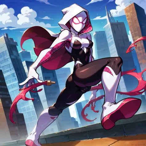 score_9, score_8_up, score_7_up, score_6_up, score_5_up, (high quality, detailed, absurdres, high resolution, masterpiece, beautiful), detailed soft lighting, rating_safe, source_cartoon, Pixar style, Spider Gwen, (wearing Spider Gwen mask and hood:1.5), c...