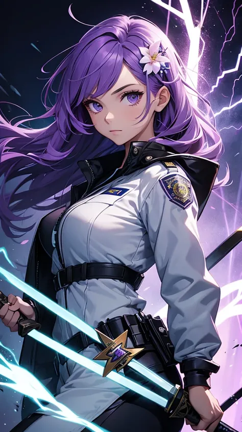 Girl in a police suit holding a sword with a lightning background with purple hair with a flower in her hair