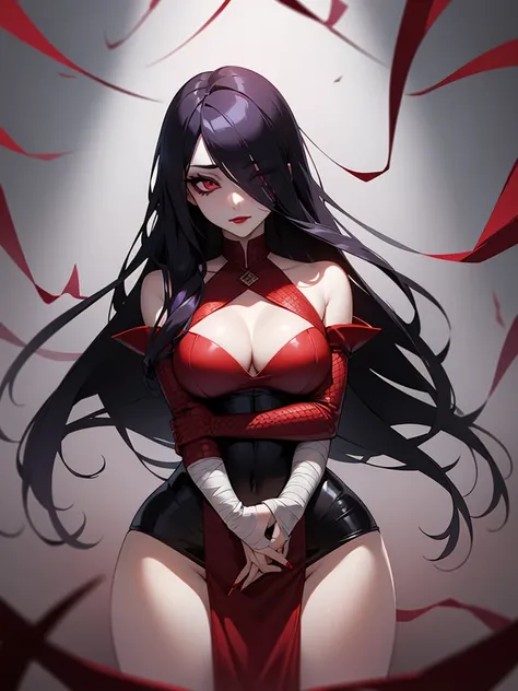 a fair-skinned woman of slender build. She has long black untamed hair reaching her upper back, and very unique eyes that are red in colour, with an additional ring in them. She wears make-up consisting of red lipstick and purple eye shadow. Her regular ou...